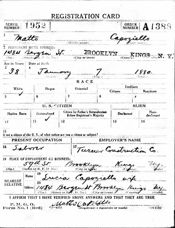 Matteo Capoziello WW1 Draft Registration