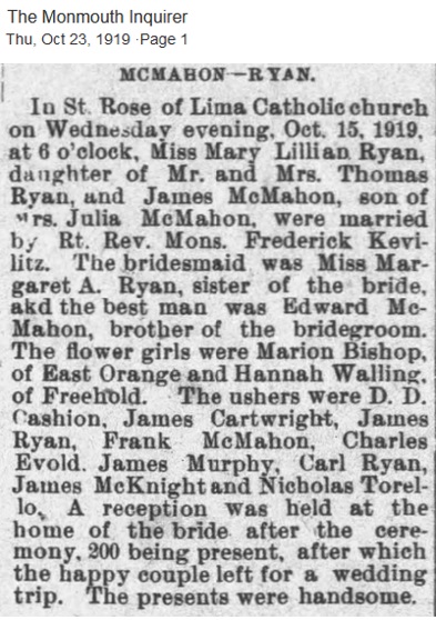 James McMahon and Lillian Ryan Marriage