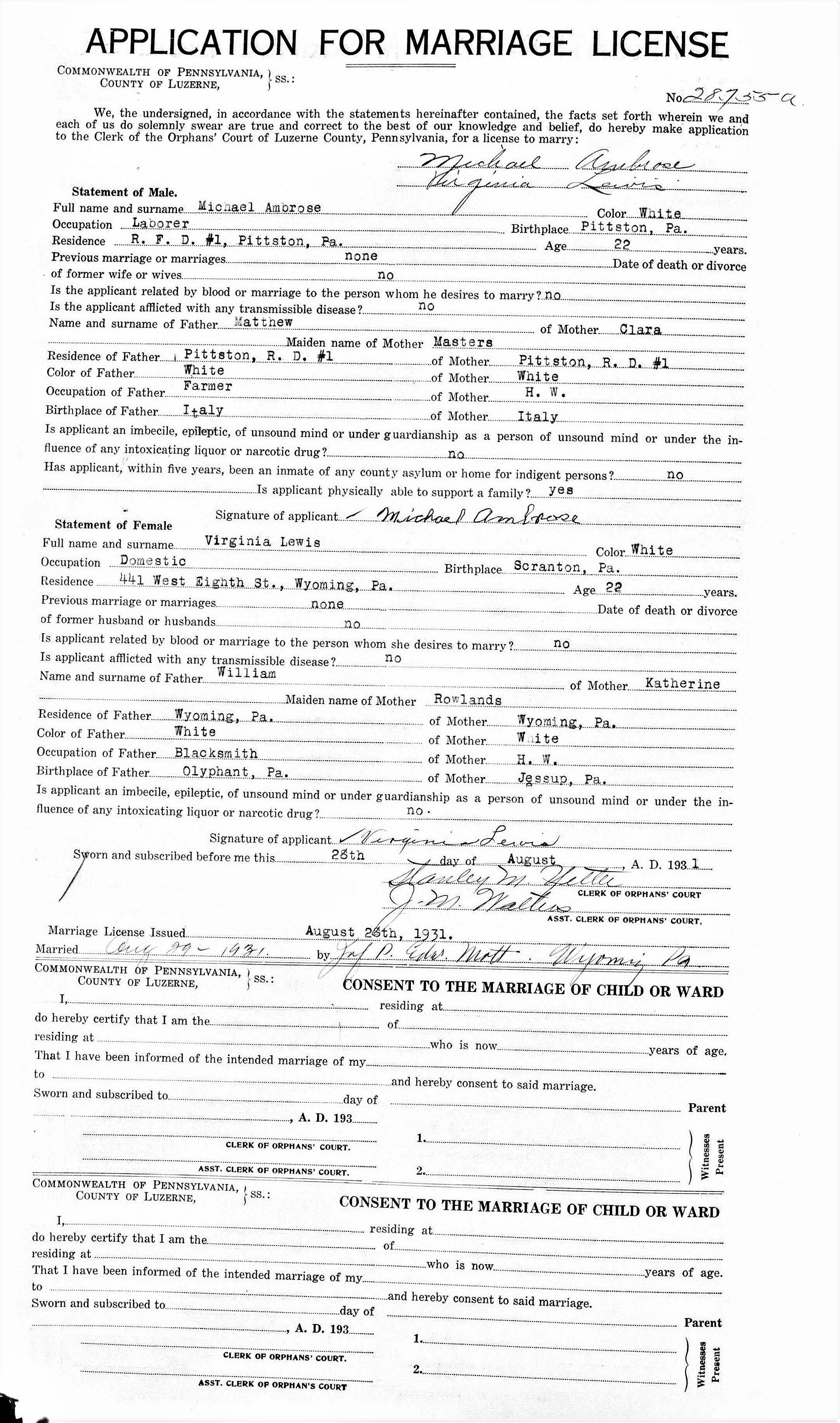 Michael Ambrose and Virginia Lewis Marriage Record