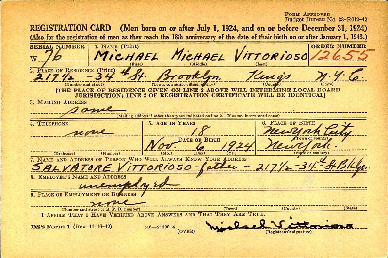 Michael Vittorioso WW2 Draft Registration