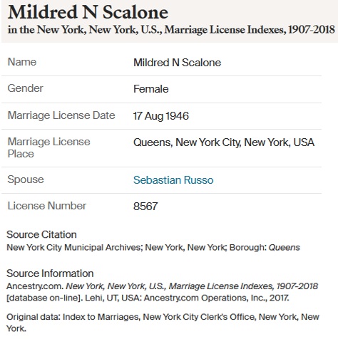 Mildred Scalone and Sebastian Russo Marriage Index