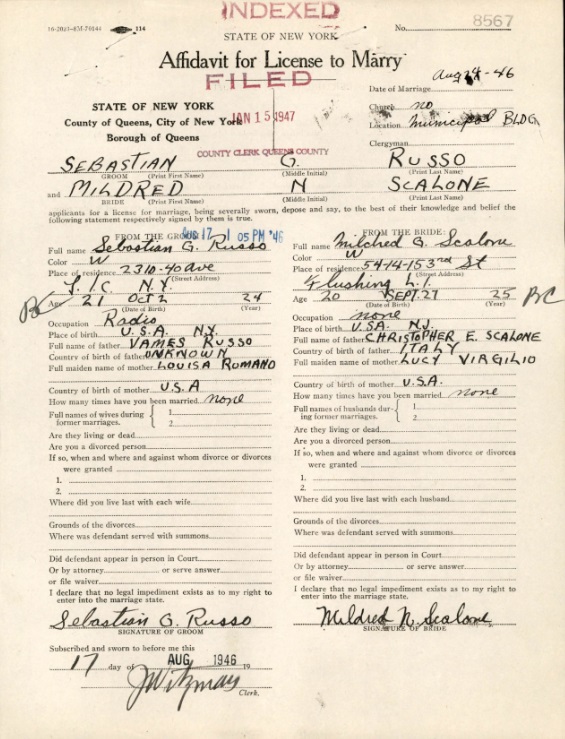 Mildred Scalone and Sebastian Russo Marriage Certificate