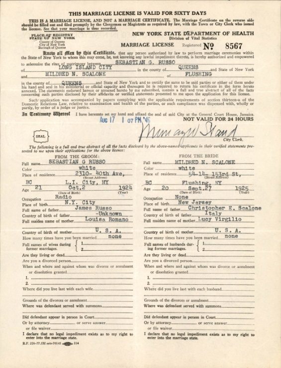 Mildred Scalone and Sebastian Russo Marriage Certificate