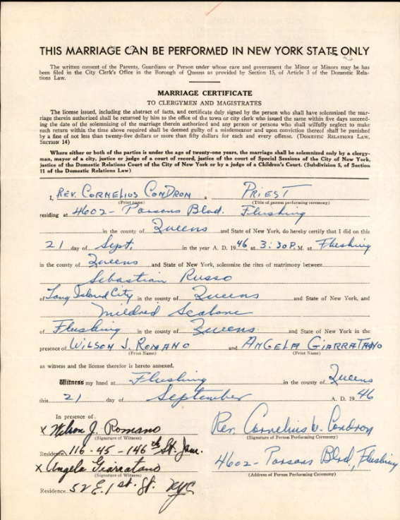 Mildred Scalone and Sebastian Russo Marriage Certificate