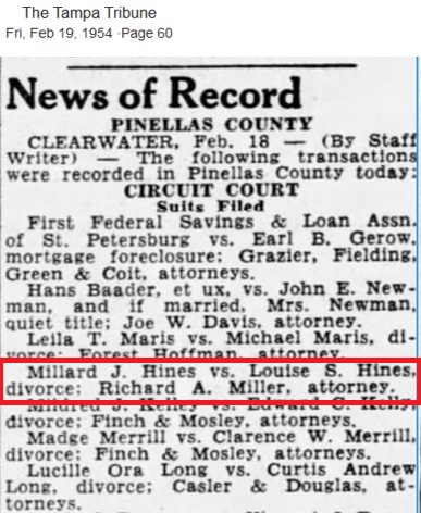 Millard Hines and Louise Anderson Divorce 1954