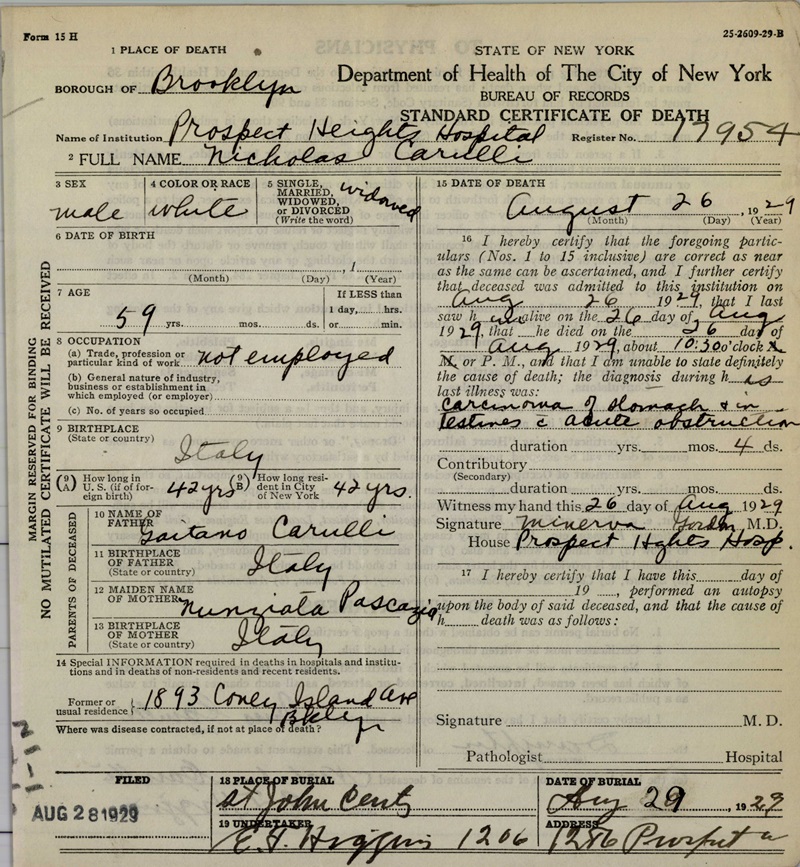 Nicolo Carulli Death Certificate