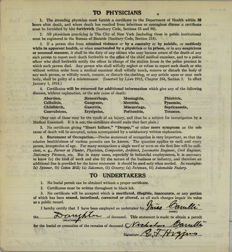 Nicolo Carulli Death Certificate