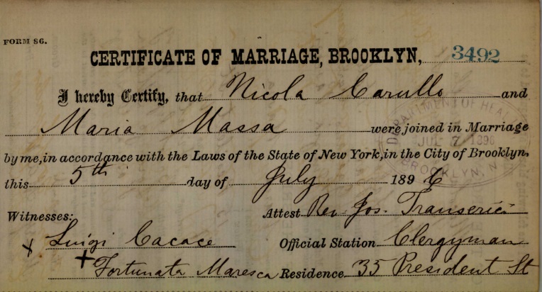 Nicolo Carulli and Maria Massa Marriage Certificate