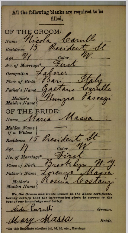 Nicolo Carulli and Maria Massa Marriage Certificate