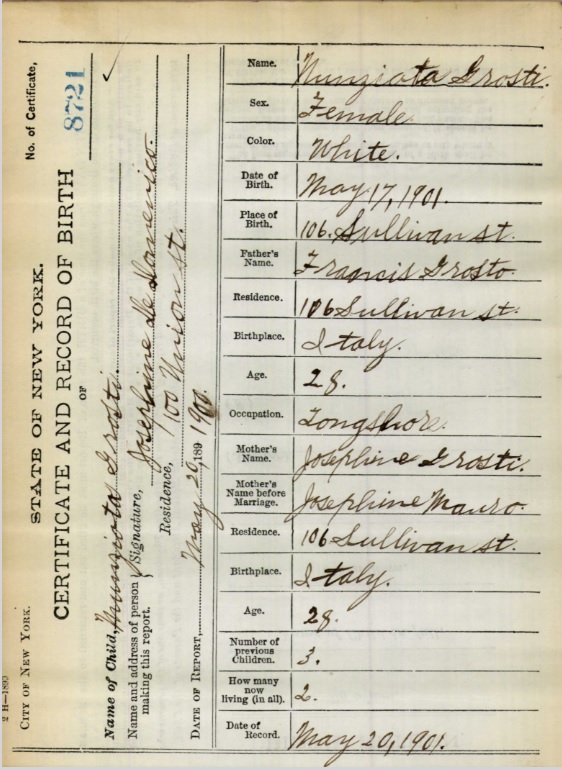 Nunziata Grosseto Birth Certificate