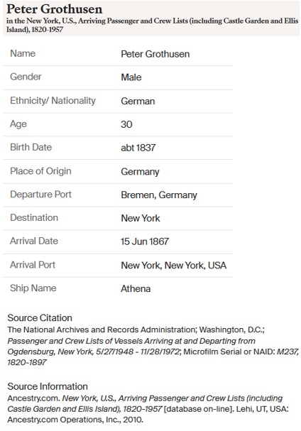 Peter Grothusen Immigration