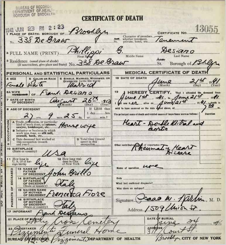 Philippa Grillo Desiano Death Certificate