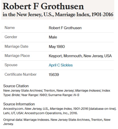 Robert Grothusen marriage to April Sickles 1980