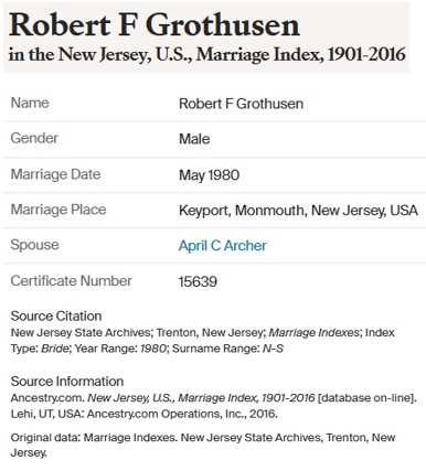 Robert Grothusen marriage to April Archer 1980