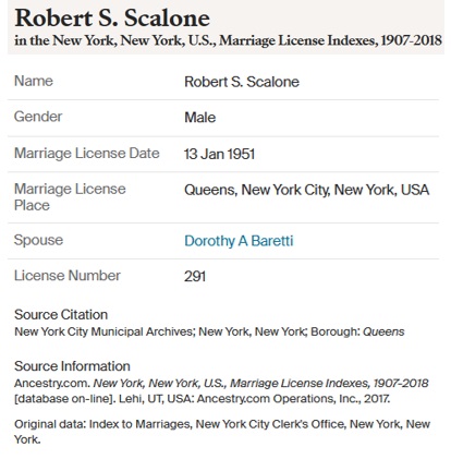 Robert Scalone and Dorothy Baretti Marriage