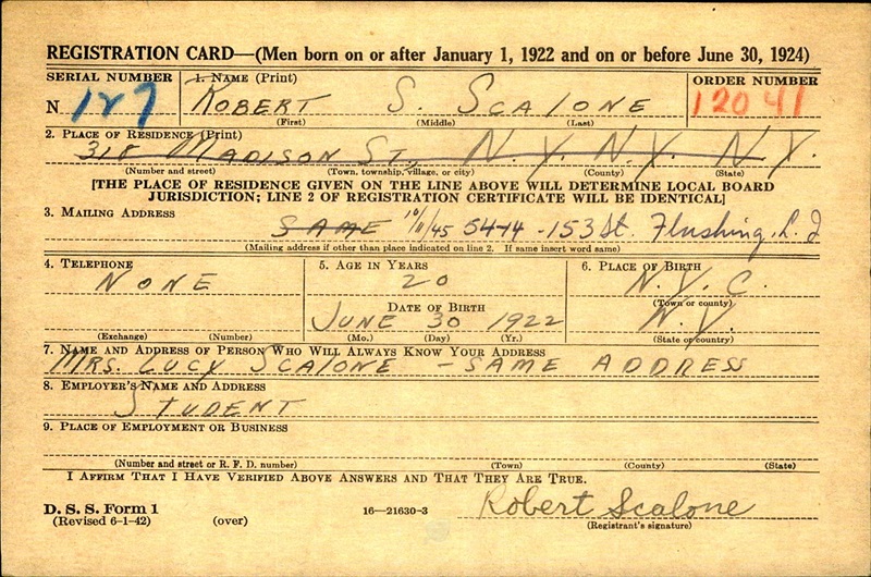 Robert Scalone WW2 Draft Registration