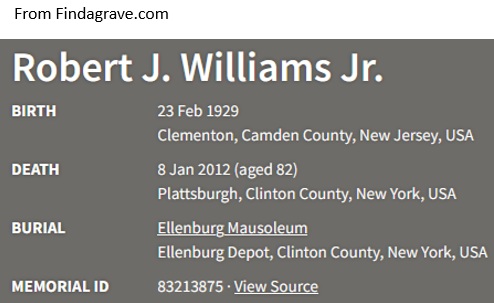 Robert J. Williams Cemetery Record