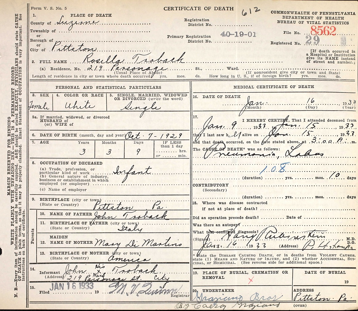 Rosetta Troback Death Certificate