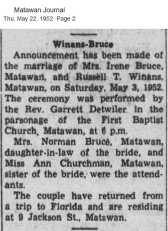 Russell Winans and Irene Churchman Bruce Marriage