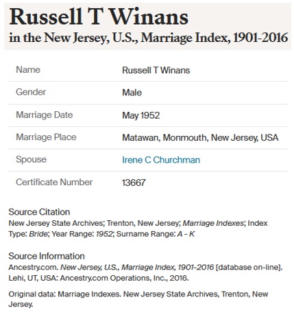 Russell Winans and Irene Churchman Bruce Marriage