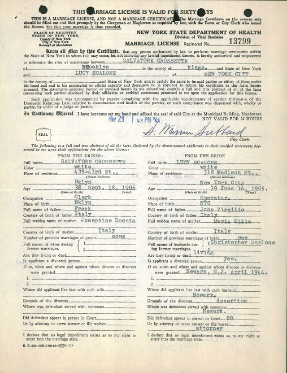 Salvatore Grosseto and Lucy Virgilio Scalone Marriage Record