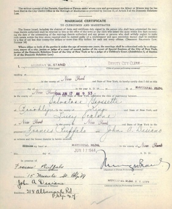 Salvatore Grosseto and Lucy Virgilio Scalone Marriage Record