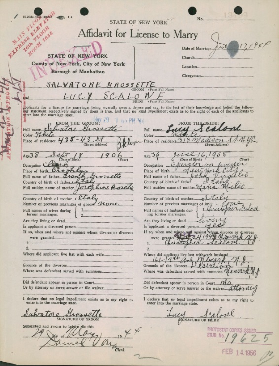 Salvatore Grosseto and Lucy Virgilio Scalone Marriage Record