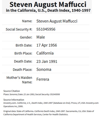 Steven A. Maffucci Death Index