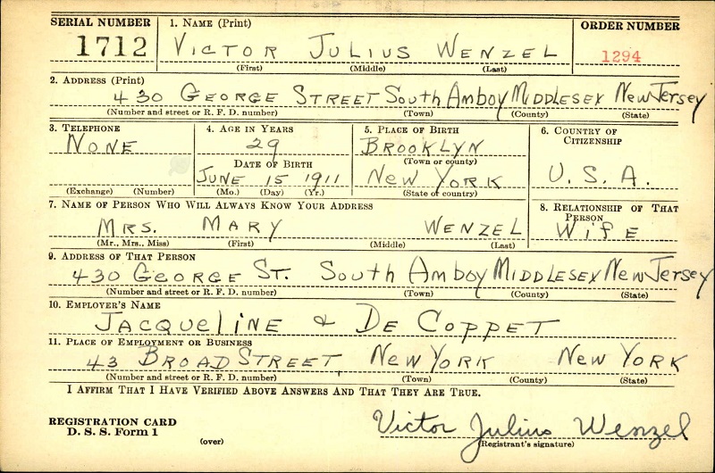 Victor J. Wenzel World War II Draft Registration