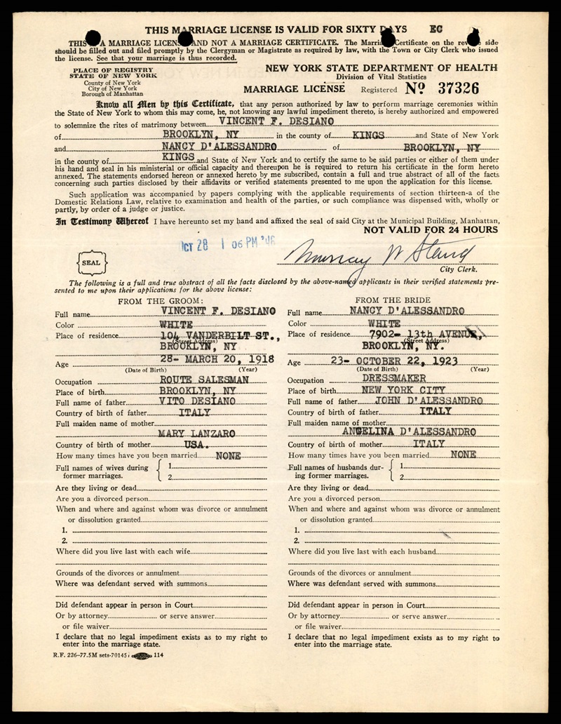 Vincent Desiano and Nancy D'Allessandro Marriage Certificate