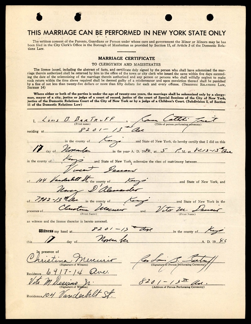 Vincent Desiano and Nancy D'Allessandro Marriage Certificate