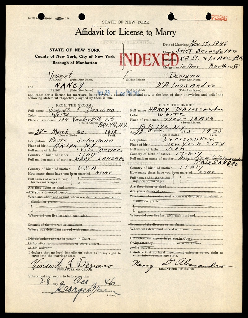 Vincent Desiano and Nancy D'Allessandro Marriage Certificate