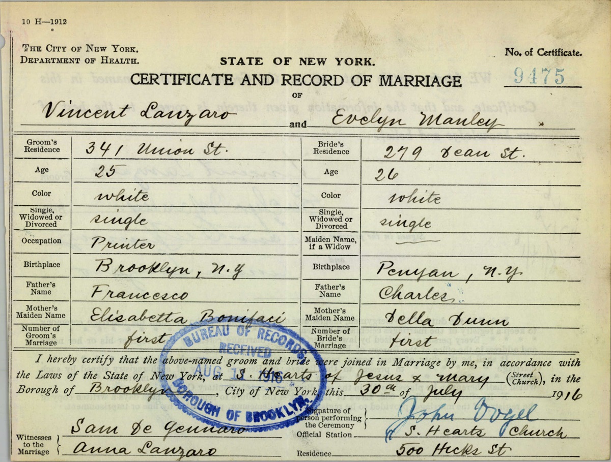 Vincent Lanzaro and Evelyn Manley Marriage Certificate