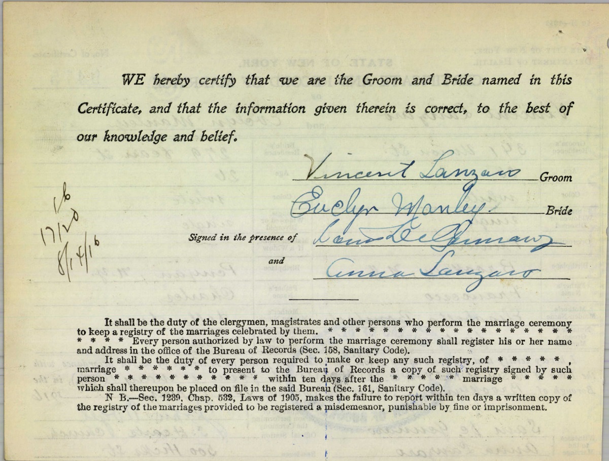 Vincent Lanzaro and Evelyn Manley Marriage Certificate