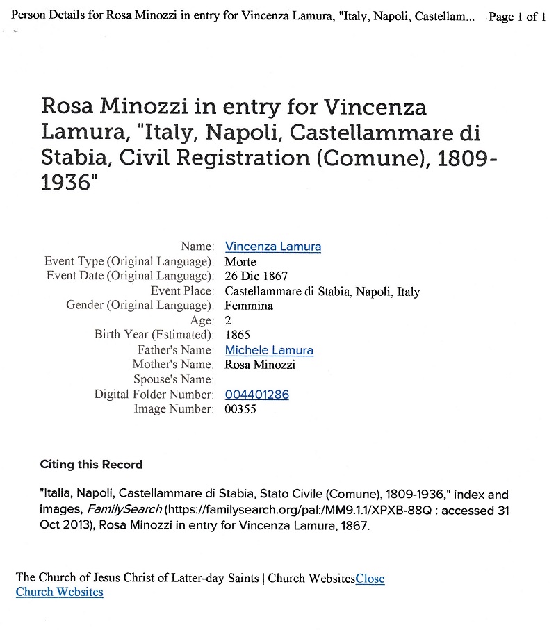 Vincenza LaMura Death Record