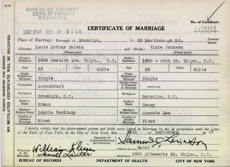 Viola Johnson and Louis Dalwin Marriage Certificate