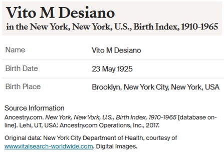 Vito Mario Desiano Jr. Birth Index