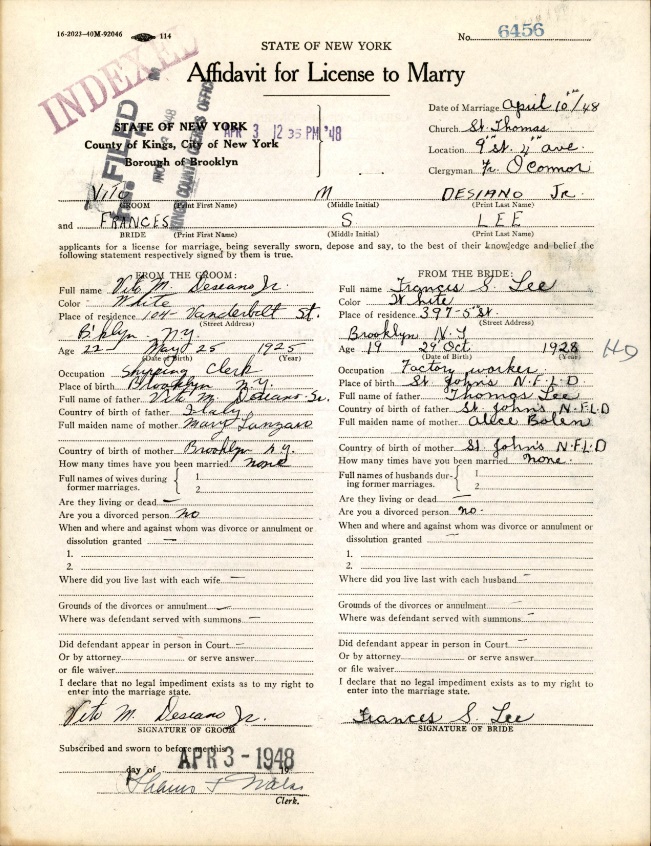 Vito Mario Desiano and Frances Lee Marriage Certificate