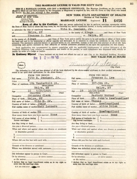 Vito Mario Desiano and Frances Lee Marriage Certificate