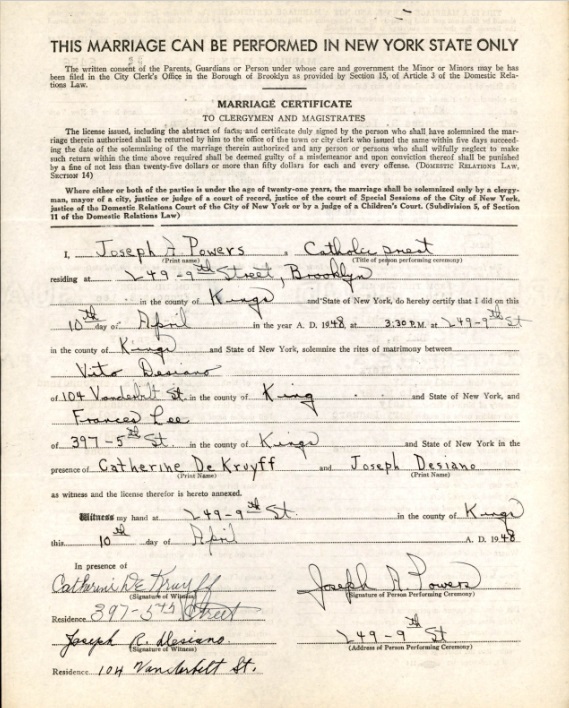 Vito Mario Desiano and Frances Lee Marriage Certificate