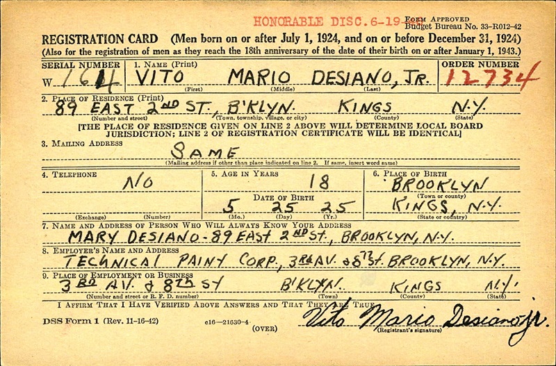 Vito Mario Desiano Jr. WW2 Draft Registration