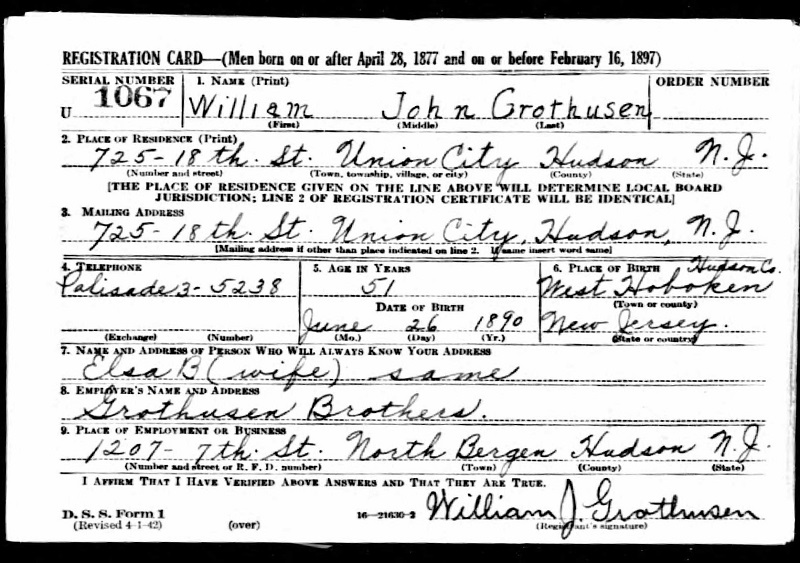 William Grothusen WW2 Draft Registration