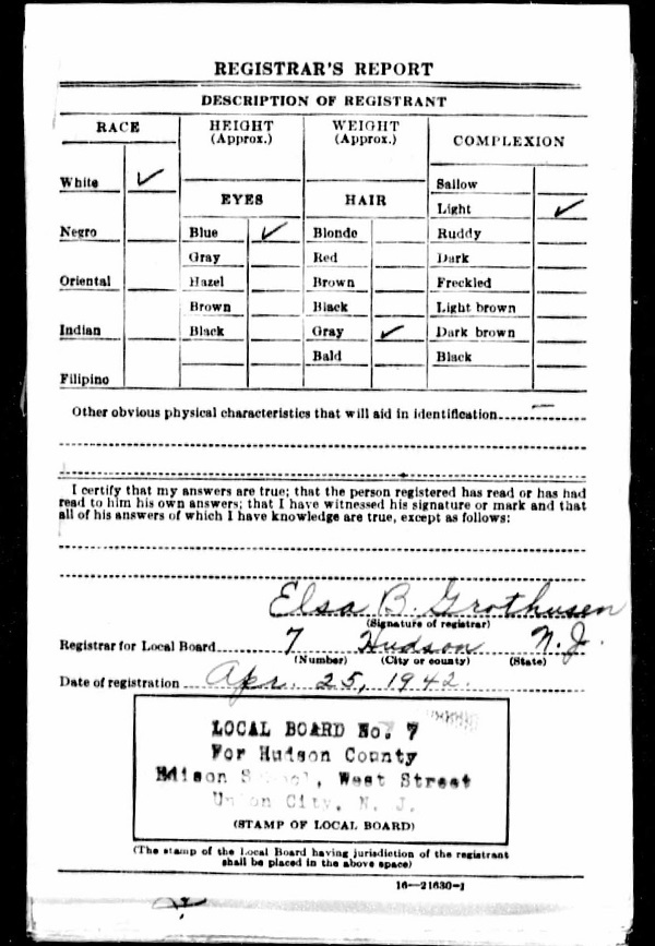 William Grothusen WW2 Draft Registration