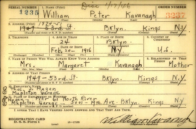 William P. Kavanagh WW2 Draft Registration