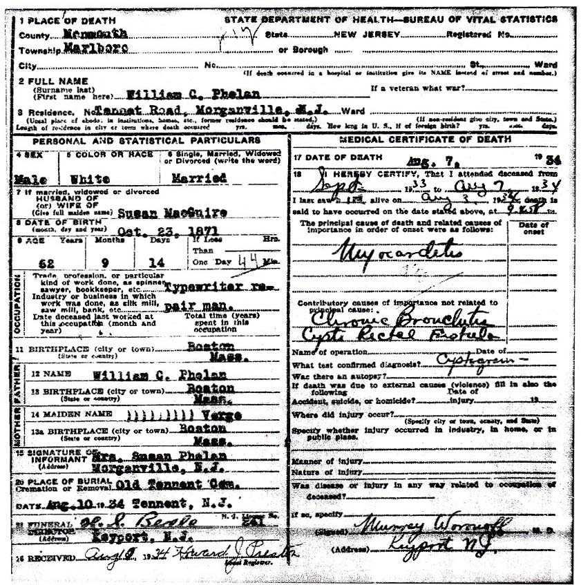 William C. Phelan Death Certificate